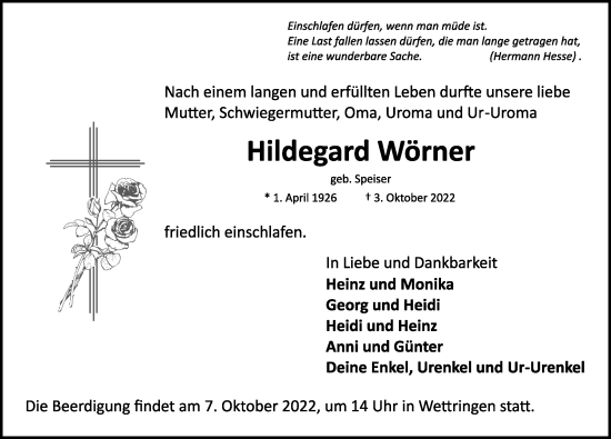 Traueranzeige von Hildegard Wörner von Rothenburg