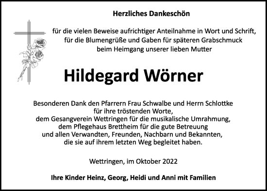 Traueranzeige von Hildegard Wörner von Rothenburg