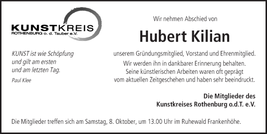Traueranzeige von Hubert Kilian von Rothenburg