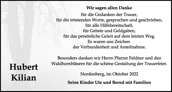 Traueranzeige von Hubert Kilian von Rothenburg