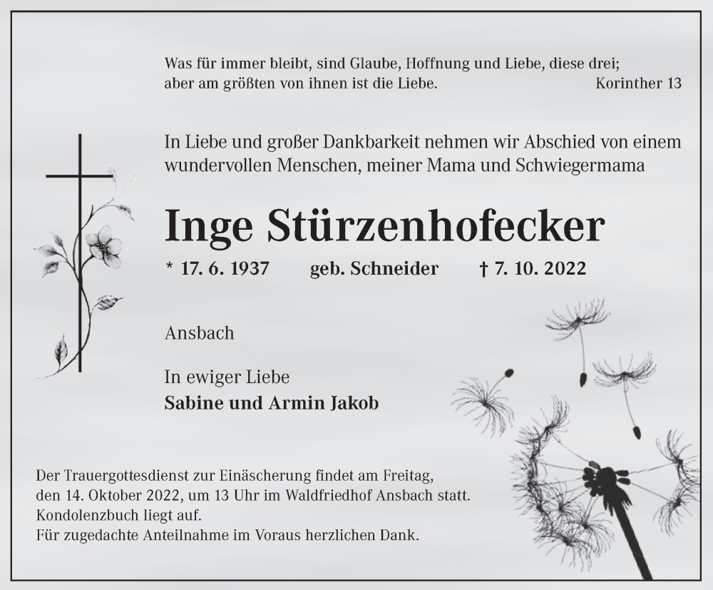  Traueranzeige für Inge Stürzenhofecker vom 12.10.2022 aus Ansbach