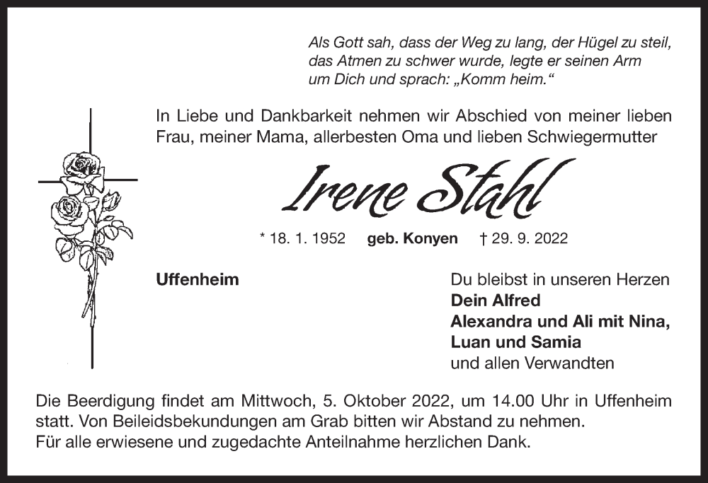  Traueranzeige für Irene Stahl vom 01.10.2022 aus Neustadt/ Scheinfeld/ Uffenheim