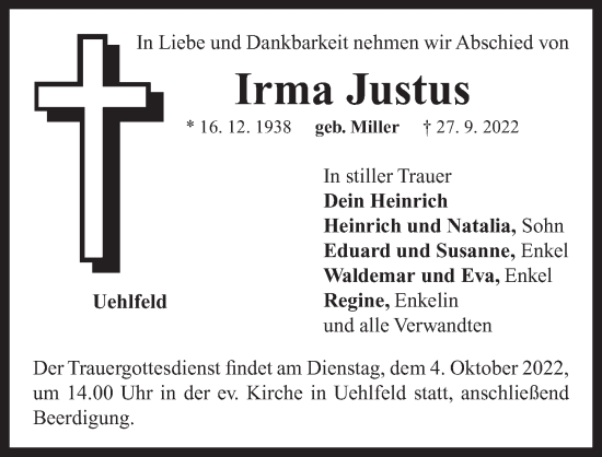 Traueranzeige von Irma Justus von Neustadt/ Scheinfeld/ Uffenheim