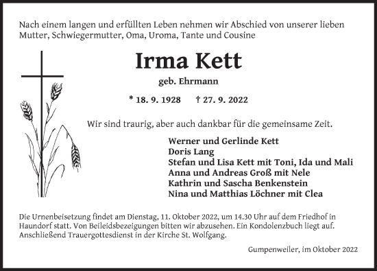 Traueranzeige von Irma Kett von Dinkelsbühl/ Feuchtwangen