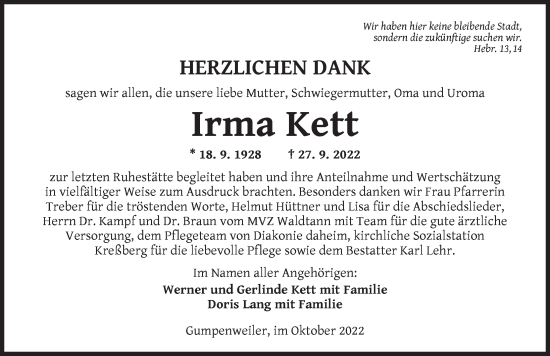 Traueranzeige von Irma Kett von Dinkelsbühl/ Feuchtwangen