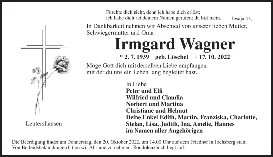 Traueranzeige von Irmgard Wagner von Ansbach