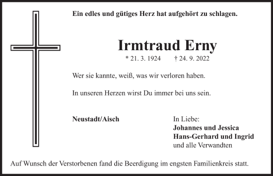 Traueranzeige von Irmtraud Erny von Neustadt/ Scheinfeld/ Uffenheim