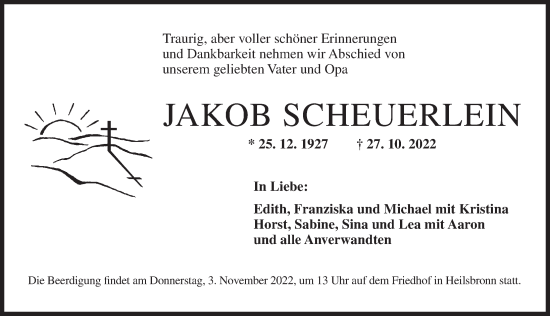 Traueranzeige von Jakob Scheuerlein von Ansbach