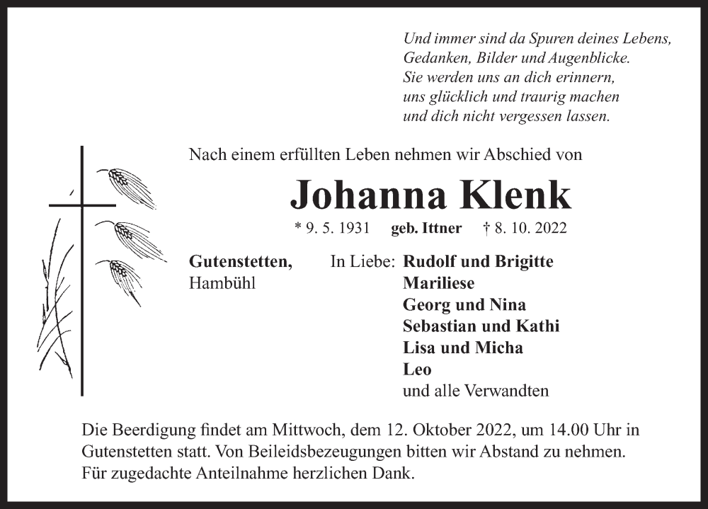  Traueranzeige für Johanna Klenk vom 11.10.2022 aus Neustadt/ Scheinfeld/ Uffenheim