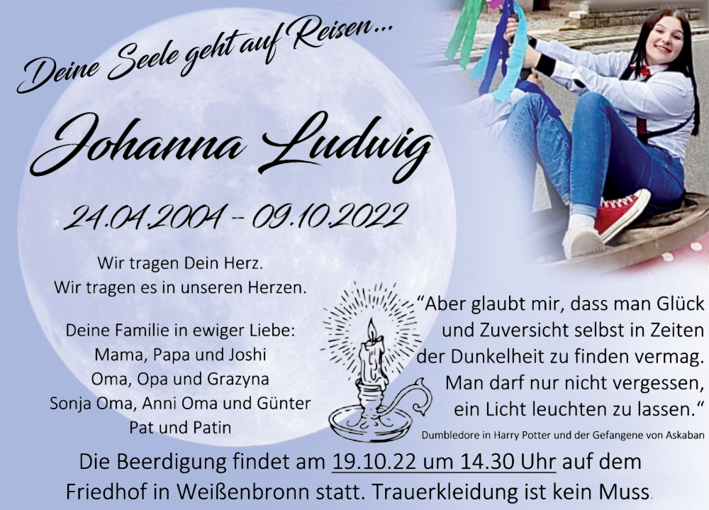  Traueranzeige für Johanna Ludwig vom 17.10.2022 aus Ansbach