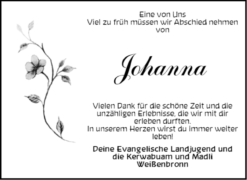  Traueranzeige für Johanna Ludwig vom 17.10.2022 aus Ansbach