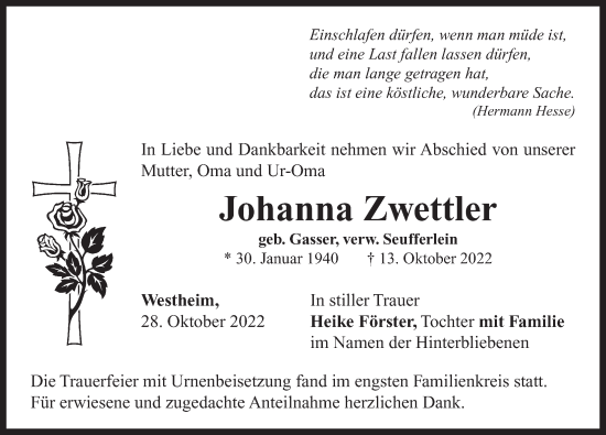 Traueranzeige von Johanna Zwettler von Neustadt/ Scheinfeld/ Uffenheim