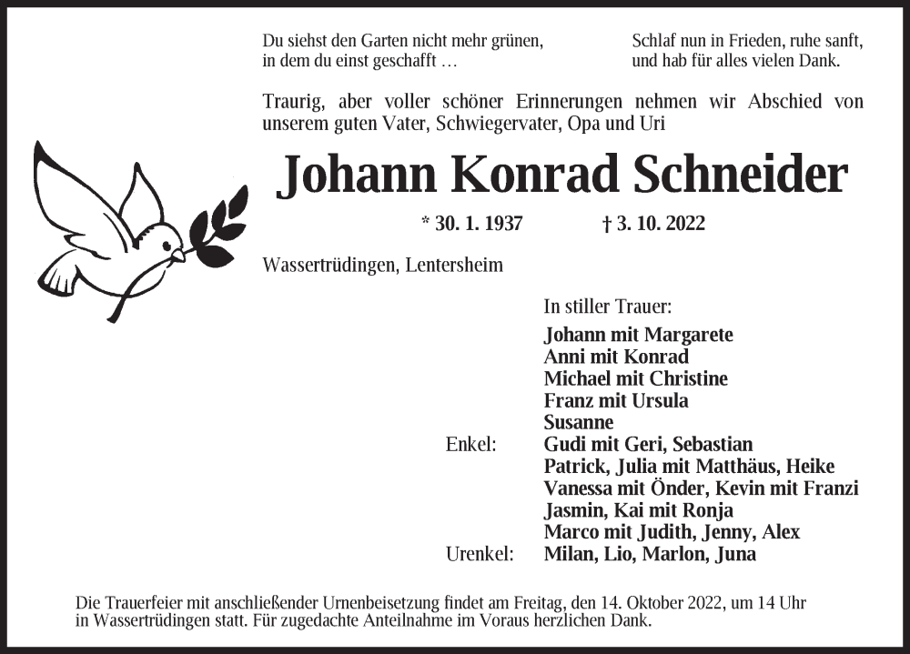  Traueranzeige für Johann Konrad Schneider vom 12.10.2022 aus Dinkelsbühl/ Feuchtwangen