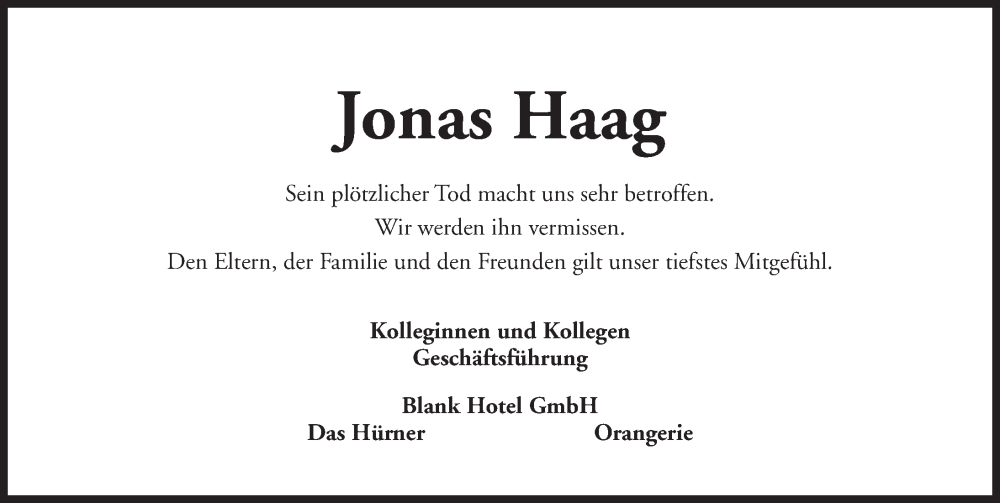  Traueranzeige für Jonas Haag vom 29.10.2022 aus Dinkelsbühl/ Feuchtwangen