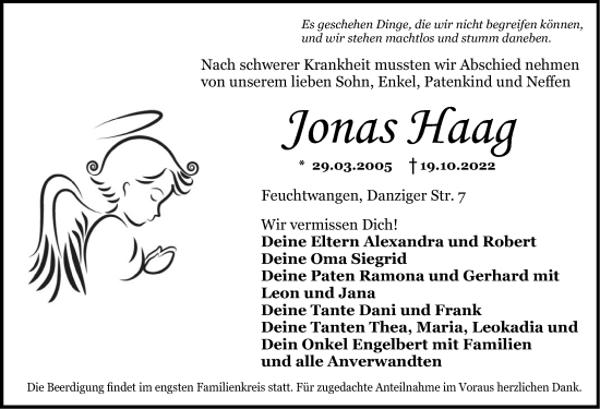 Traueranzeige von Jonas Haag von Dinkelsbühl/ Feuchtwangen