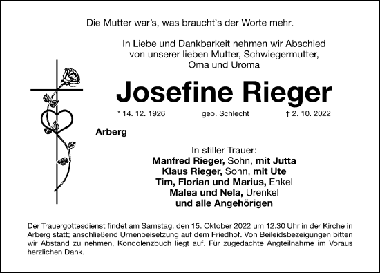 Traueranzeige von Josefine Rieger von Dinkelsbühl/ Feuchtwangen