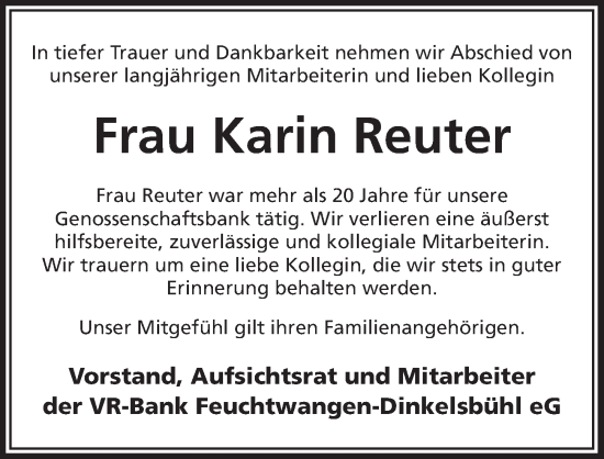 Traueranzeige von Karin Reuter von Dinkelsbühl/ Feuchtwangen