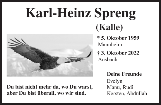 Traueranzeige von Karl-Heinz Spreng von Ansbach