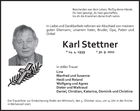 Traueranzeige von Karl Stettner von Ansbach