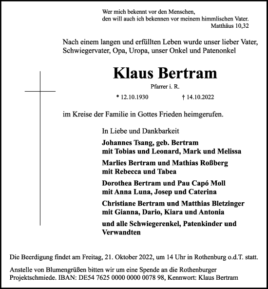Traueranzeige von Klaus Bertram von Rothenburg