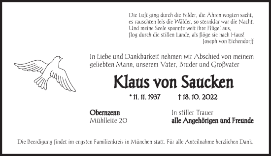 Traueranzeige von Klaus von Saucken von Neustadt/ Scheinfeld/ Uffenheim