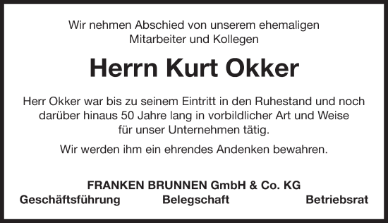 Traueranzeige von Kurt Okker von Neustadt/ Scheinfeld/ Uffenheim