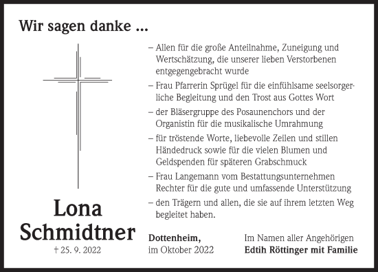 Traueranzeige von Lona Schmidtner von Neustadt/ Scheinfeld/ Uffenheim