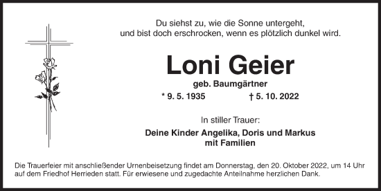 Traueranzeige von Loni Geier von Ansbach