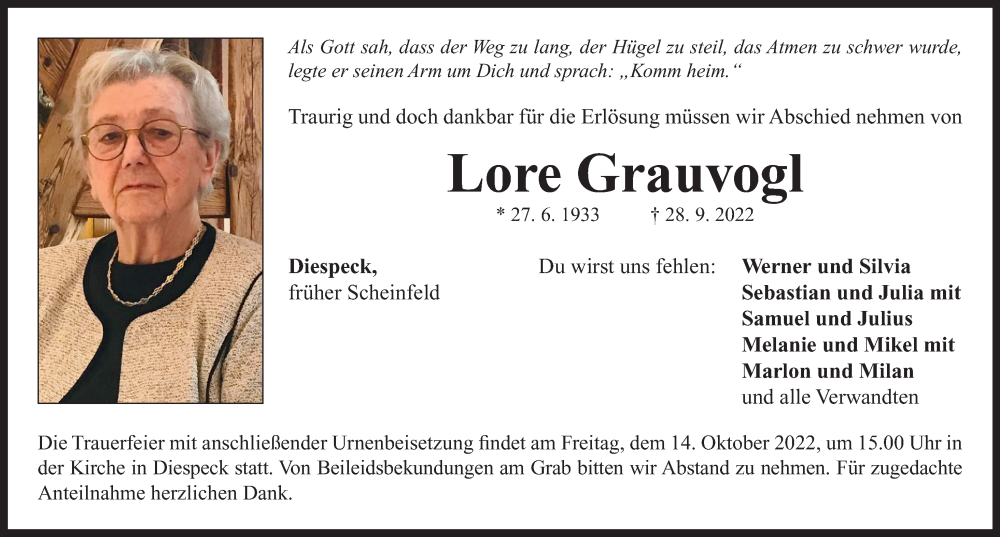  Traueranzeige für Lore Grauvogl vom 08.10.2022 aus Neustadt/ Scheinfeld/ Uffenheim