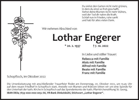 Traueranzeige von Lothar Engerer von Dinkelsbühl/ Feuchtwangen