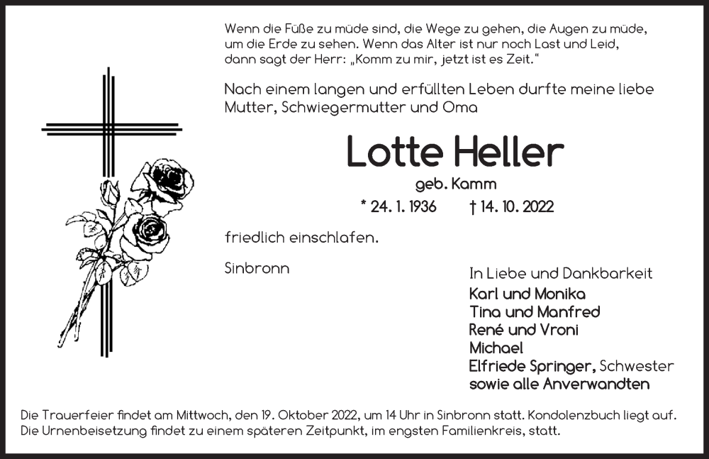  Traueranzeige für Lotte Heller vom 18.10.2022 aus Dinkelsbühl/ Feuchtwangen