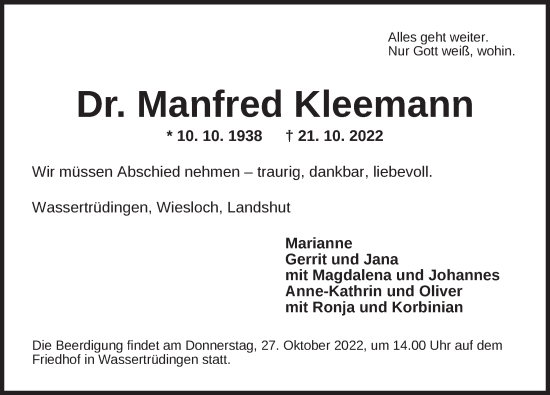 Traueranzeige von Manfred Kleemann von Dinkelsbühl/ Feuchtwangen