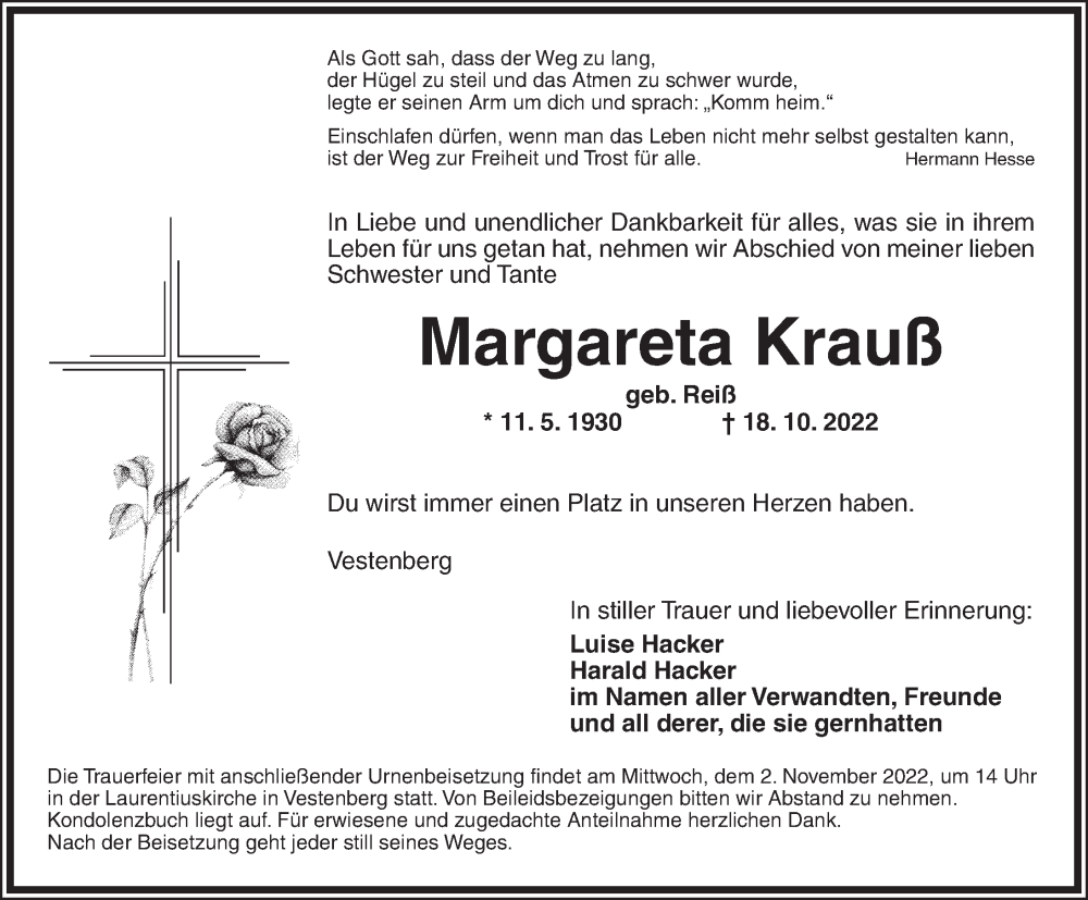  Traueranzeige für Margareta Krauß vom 29.10.2022 aus Ansbach