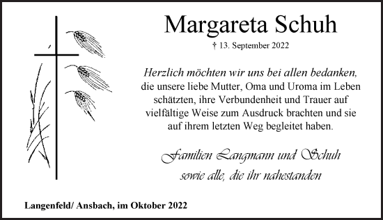 Traueranzeige von Margareta Schuh von Neustadt/ Scheinfeld/ Uffenheim