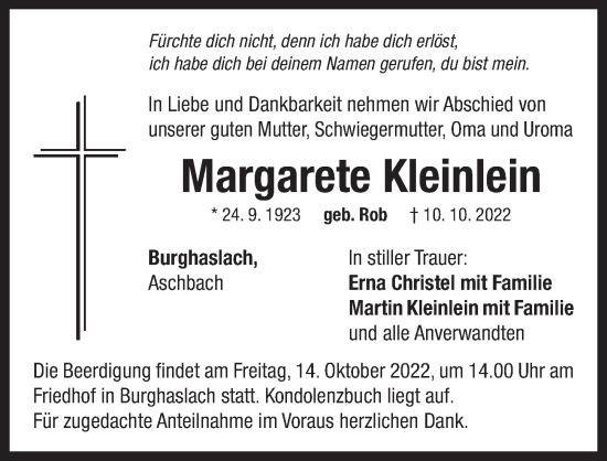 Traueranzeige von Margarete Kleinlein von Neustadt/ Scheinfeld/ Uffenheim