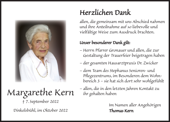 Traueranzeige von Margarethe Kern von Dinkelsbühl/ Feuchtwangen