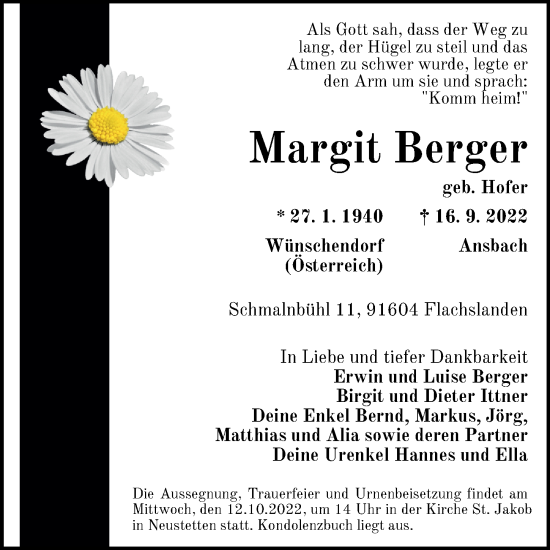 Traueranzeige von Margit Berger von Ansbach