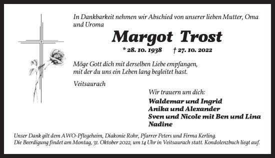 Traueranzeige von Margot Trost von Ansbach