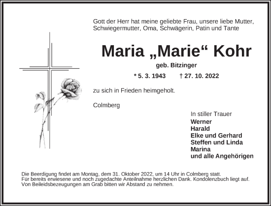 Traueranzeige von Maria  Kohr von Ansbach