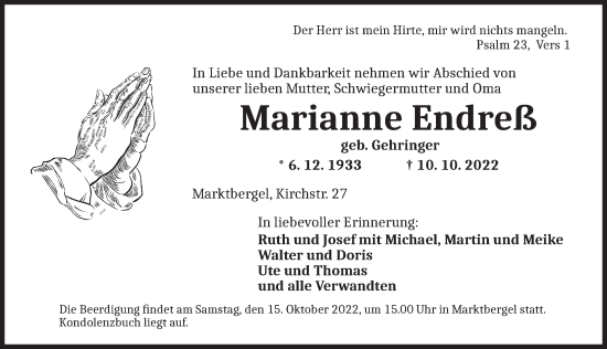 Traueranzeige von Marianne Endreß von Neustadt/ Scheinfeld/ Uffenheim