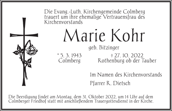 Traueranzeige von Marie Kohr von Ansbach