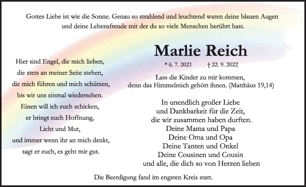  Traueranzeige für Marlie Reich vom 15.10.2022 aus Rothenburg