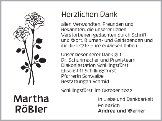 Traueranzeige von Martha Rößler von Rothenburg