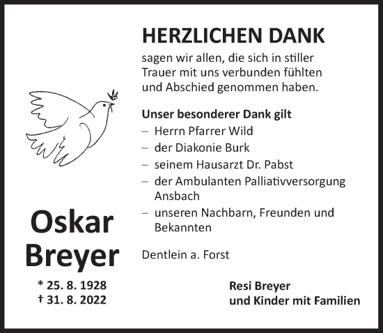 Traueranzeige von Oskar Breyer von Dinkelsbühl/ Feuchtwangen