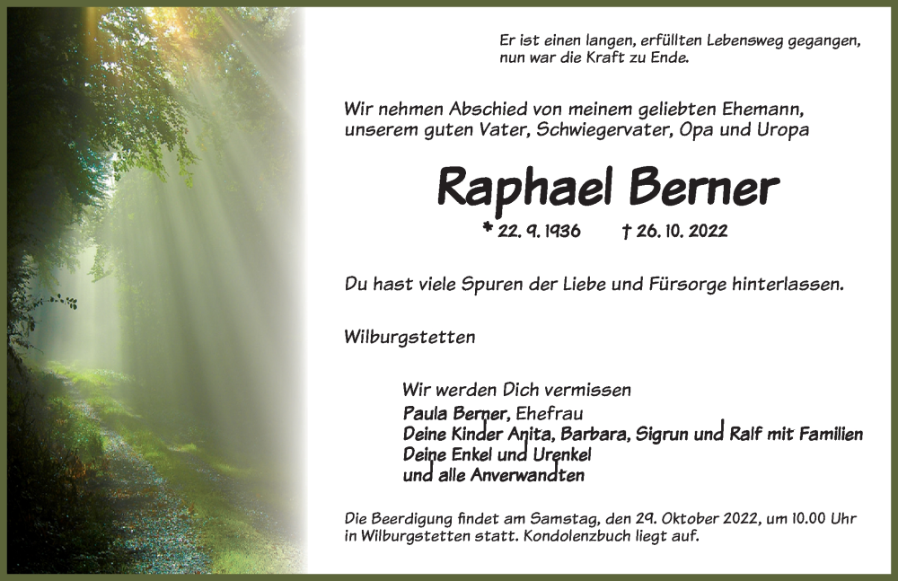  Traueranzeige für Raphael Berner vom 28.10.2022 aus Dinkelsbühl/ Feuchtwangen