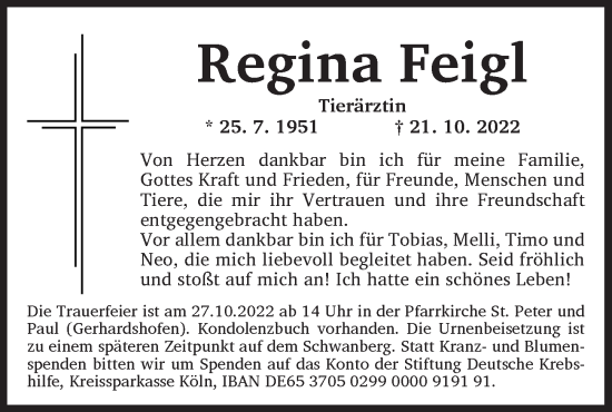 Traueranzeige von Regina Feigl von Neustadt/ Scheinfeld/ Uffenheim