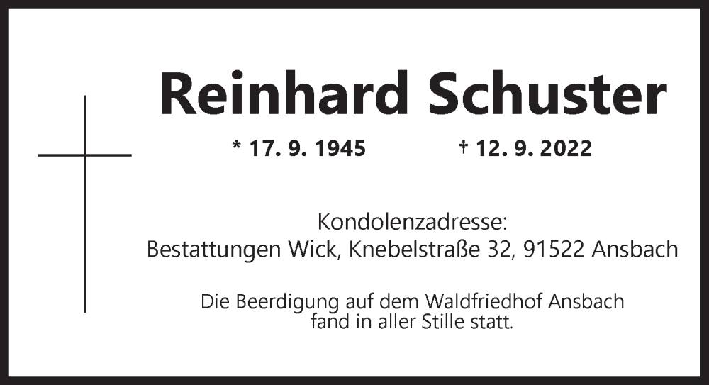  Traueranzeige für Reinhard Schuster vom 15.10.2022 aus Ansbach