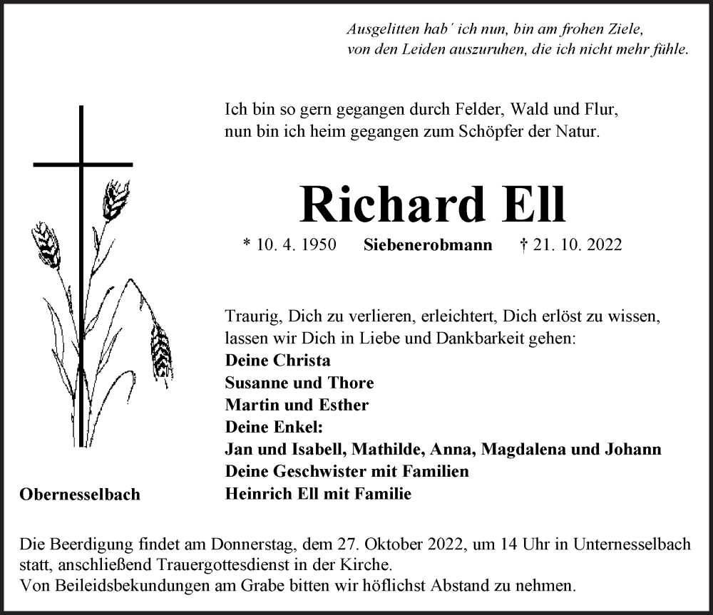  Traueranzeige für Richard Ell vom 25.10.2022 aus Neustadt/ Scheinfeld/ Uffenheim