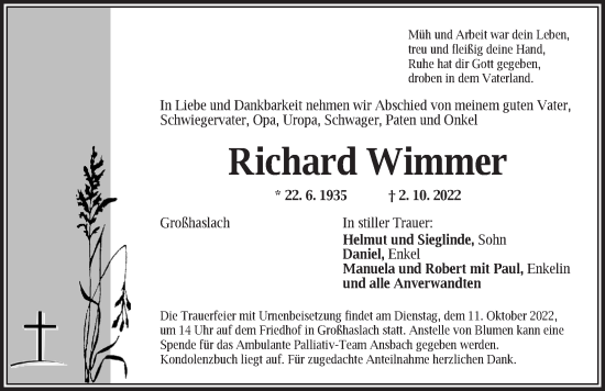 Traueranzeige von Richard Wimmer von Ansbach