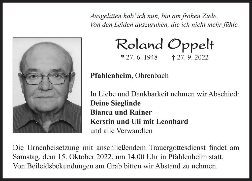  Traueranzeige für Roland Oppelt vom 12.10.2022 aus Neustadt/ Scheinfeld/ Uffenheim